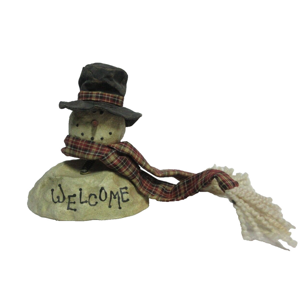 Primitive Snowman Figurine Springing, Bobblehead Welcome Plaid Scarf Hat Grungy
